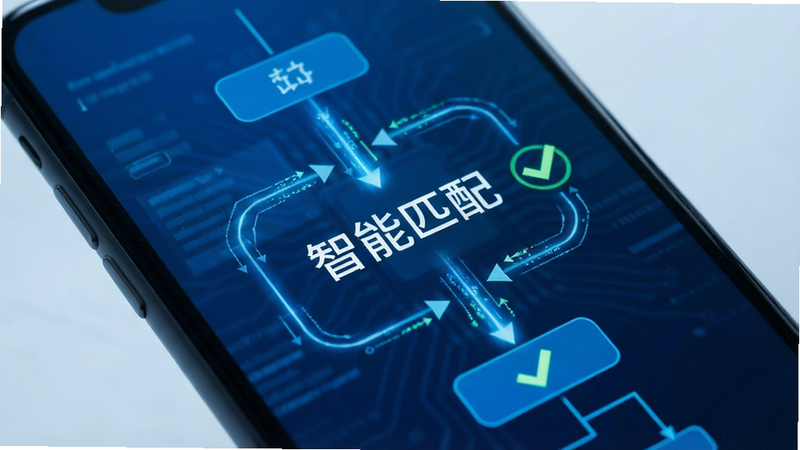主体为手机屏幕特写,布局为中心展示匹配算法流程图,排版简洁,风格为科技感蓝色调,细节显示数据流动光效、匹配成功勾选标记,画质清晰,干净,无多余元素,文字“智能匹配”