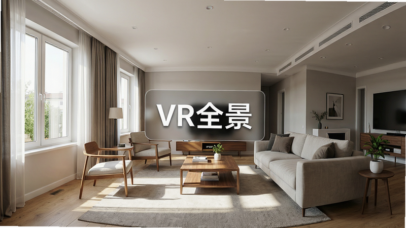 主体为VR看房界面,布局为全景画面中央悬浮操作提示,排版直观,风格为写实摄影风格,细节显示客厅全景、窗户光线、家具摆放,画质超清,干净,无多余元素,文字“VR全景”