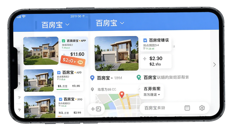 主体为百房宝APP手机界面展示,布局为左侧列表右侧详情,排版清晰,风格为现代扁平化商业UI,细节包含房源图片、价格标签、地图定位图标,画质高清,干净,无多余元素,文字“百房宝”
