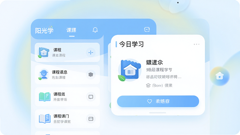 主体为“阳光学”APP界面全景展示,布局采用清新明亮的浅蓝色与白色为主色调,排版简洁大方,左侧显示课程列表,右侧突出“今日学习”卡片,风格为现代扁平化UI设计,细节处包含清晰的图标与文字标签,画质高清,干净无多余元素,背景为柔和渐变光晕
