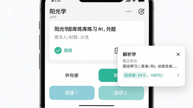 主体为“阳光学”APP内的题库练习界面,布局为上下结构,上方显示题目区域,下方为选项按钮,排版紧凑有序,风格为极简科技风,细节包含正确的勾选标记与解析弹窗,文字清晰可读,画质锐利,干净背景,无干扰元素