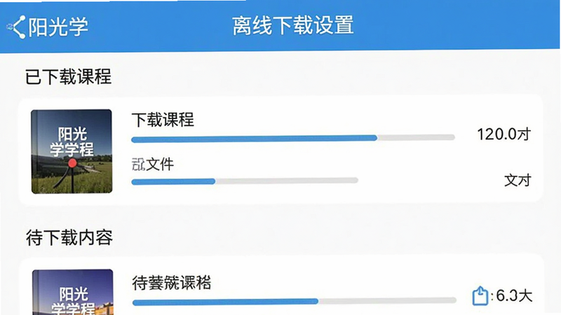 主体为“阳光学”APP的离线下载设置界面,布局为列表形式,显示“已下载课程”与“待下载内容”,排版清晰直观,风格为实用主义,细节包含进度条与文件大小标识,文字标签明确,画质清晰,干净界面,无多余装饰