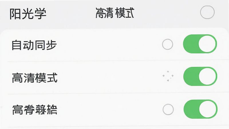 主体为“阳光学”APP的网络设置界面,布局为开关列表形式,显示“自动同步”、“高清模式”等选项,排版整齐,风格为简洁实用,细节包含开关状态标识,文字清晰,画质高,干净背景,无多余图标