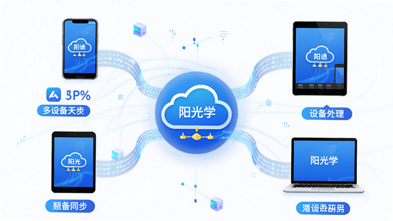 主体为“阳光学”APP的多设备同步示意图,布局为中心辐射状,中心为云服务器图标,周围环绕手机、平板与笔记本图标,排版对称平衡,风格为现代科技感,细节包含数据流动的光线效果,文字标签简短,画质高清,干净背景,无杂乱线条