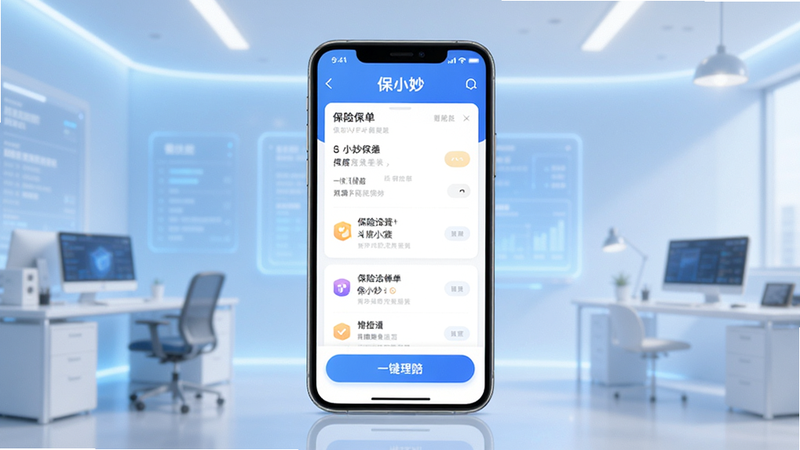 主体为保小妙APP的手机界面展示,布局为居中手机模型,背景为淡蓝色渐变的科技风办公场景,排版整洁,风格现代简约,细节包括屏幕显示清晰的保险保单列表和一键理赔按钮,画质高清,干净,无多余元素,文字显示