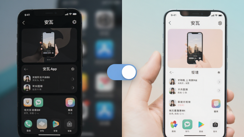 一张展示手机界面交互效果的图,左侧是安瓦App的深色模式界面,右侧是浅色模式界面,中间有一个切换开关图标,背景模糊处理,突出界面的清晰度和对比度,风格现代扁平化,色彩柔和,无杂乱元素,高清截图质感