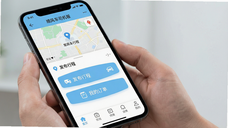 一张高清手机屏幕界面展示图,主体为“顺风车司机版”App首页,布局清晰,顶部显示地图定位,中部有“发布行程”和“我的订单”大按钮,底部为导航栏,风格简洁现代,色调以白色和浅蓝色为主,细节精致,文字清晰可见,画质4k,无多余元素