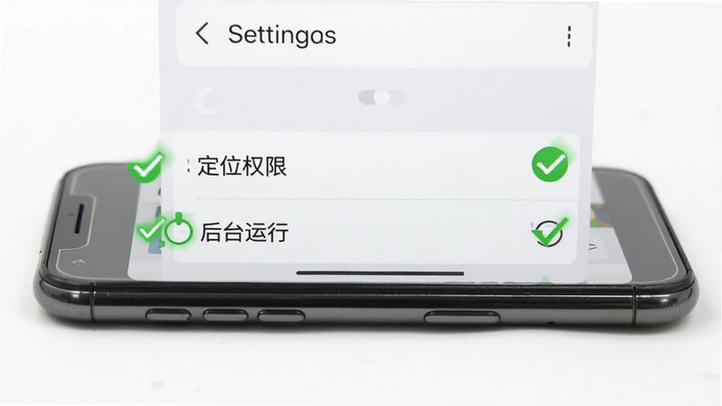 手机侧视图,屏幕上显示设置页面,高亮显示“定位权限”和“后台运行”选项,周围有绿色对勾标记,背景简洁白色,文字清晰,风格实用主义,细节到位