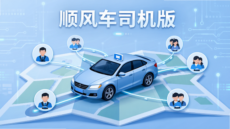 概念插画,展示一辆汽车在地图上行驶,周围环绕着多个代表乘客的图标,线条连接表示匹配成功,背景为淡蓝色科技风,主体突出“顺风车司机版”字样,布局平衡,细节丰富,干净清爽