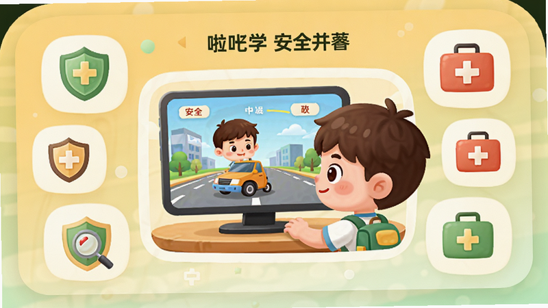 主体为啦学安全APP的主界面全屏截图,布局采用圆角卡片式设计,色彩以温馨的暖黄色和柔和的绿色为主,排版清晰,中心区域展示一个可爱的卡通小男孩形象正在观看交通安全动画,周围环绕着盾牌、急救包等安全图标,风格为扁平化插画,细节精致,画质高清,干净无多余元素