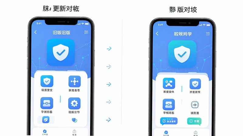 主体为啦学安全APP的版本更新对比图,左侧显示旧版界面,右侧显示新版界面,布局为左右分栏,排版对比鲜明,风格为简约科技风,细节突出新功能图标,画质清晰,干净背景,无多余装饰