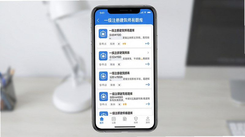 һ��չʾһ��ע�Ὠ��ʦ����ⰲ׿APP����ĸ߱���UI���ͼ������Ϊ�ֻ���Ļ������������������ʾAPP���ơ�һ��ע�Ὠ��ʦ����⡱���м�Ϊ��Ŀ�б����ײ��е����������Ϊ�ִ���ƽ����ɫ��������Ϊ����ϸ�ھ��£����ʸ��壬�ɾ��޶���Ԫ��