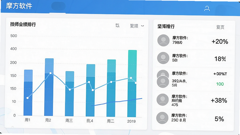 主体为数据图表界面,显示“摩方软件”的技师业绩排行,布局为柱状图与列表结合,排版清晰,风格明亮,细节包含技师头像占位符和百分比数据,画质锐利,干净,无多余元素
