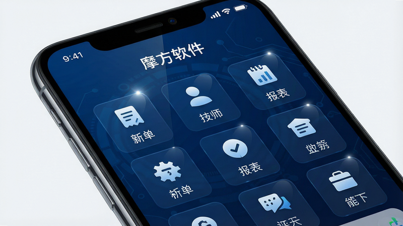 主体为一张现代简约风格的智能手机屏幕特写,屏幕上显示着“摩方软件”的主界面,背景为深蓝色科技风,布局清晰,顶部有状态栏,中间是网格状的功能图标,包括“新单”、“技师”、“报表”等,排版整齐,风格扁平化,细节处有高光反射,画质8k,干净,无多余元素