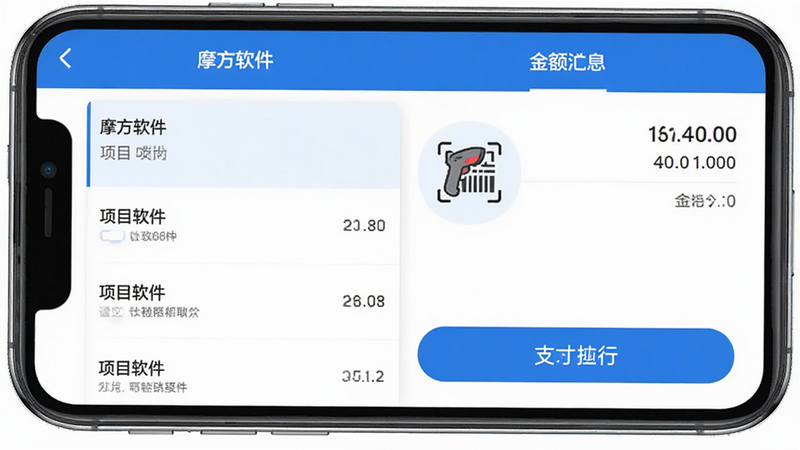 主体为手机收银操作界面,展示“摩方软件”的收款页面,布局分为左右两部分,左侧是项目列表,右侧是金额汇总,排版紧凑,风格商务蓝,细节包含扫码枪图标和支付按钮,画质高清,干净,无多余元素