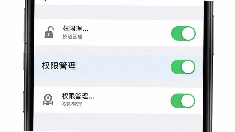 主体为手机设置界面截图,高亮显示“权限管理”选项,背景为白色,布局简洁,风格扁平,细节包含开关按钮和权限图标,画质清晰,干净,无多余元素