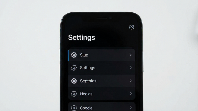 主体为一部手机屏幕显示游戏设置界面,背景为深色模式,文字“Settings”清晰,布局简洁,风格现代极简,细节处有齿轮图标,画质清晰,干净无杂物