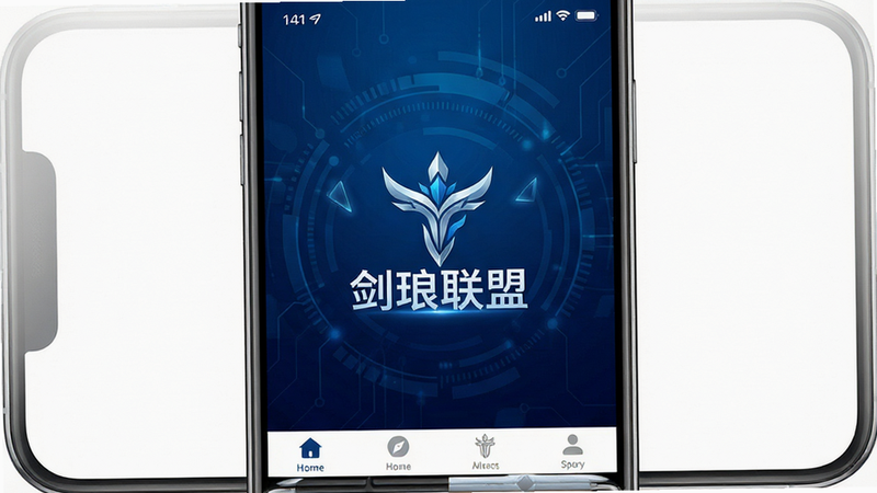 一张高清的手机屏幕界面截图,主体是“剑琅联盟”APP的主界面,背景为深蓝色科技感渐变,中央显示应用Logo,布局整洁,顶部有状态栏,底部有导航栏,风格简约现代,细节清晰,画质4k,干净无多余元素,文字“剑琅联盟”居中显示