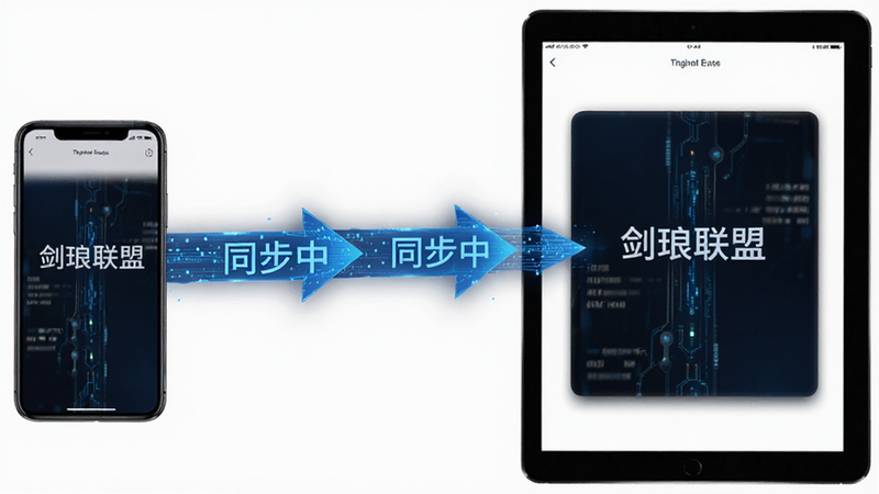 手机与平板屏幕并排展示,两者都显示“剑琅联盟”的同步界面,中间有蓝色的数据流箭头连接,背景为纯白,布局对称,风格科技感强,细节展示数据流动的线条,画质高清,干净,文字“同步中”显示在箭头旁