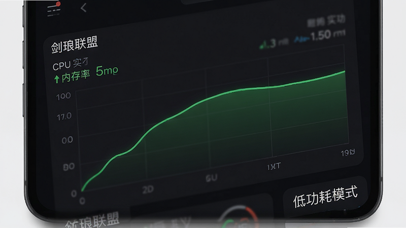 手机性能监控界面,显示“剑琅联盟”的CPU与内存占用率极低,图表为绿色平滑曲线,背景为深色模式,布局数据可视化,风格专业,细节展示实时数据跳动,画质高清,干净,文字“低功耗模式”显示在角落