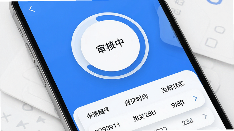主体为手机界面,显示一个圆环状的进度条,中心文字为“审核中”,下方列表展示“申请编号”、“提交时间”、“当前状态”。布局中心对称,风格现代简约,色彩以蓝色和白色为主,细节处有微弱的阴影增加层次感,画质高清,干净,无多余元素