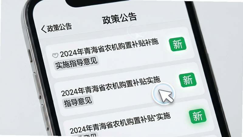主体为手机屏幕,显示“政策公告”列表,背景为浅灰色,列表项包含“2024年青海省农机购置补贴实施指导意见”等文字,右侧有绿色“新”字标签。布局垂直排列,风格简洁商务,细节处有点击反馈的高亮效果,画质清晰,干净,无多余元素