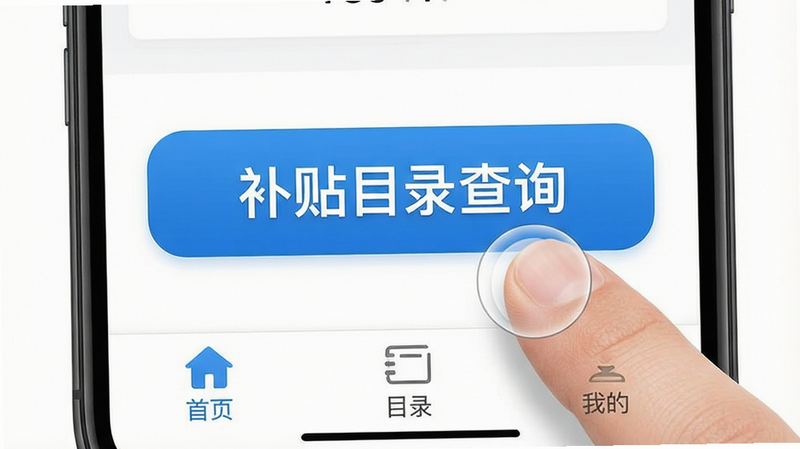 主体为手机首页界面,底部导航栏清晰显示“首页”、“目录”、“我的”三个图标,中间区域突出显示“补贴目录查询”的大按钮。布局平衡,风格直观,细节处有手指点击的示意,画质高清,干净,无多余元素
