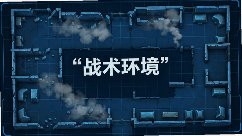 主体为游戏关卡地图概览,布局为俯视战术图,排版网格化。风格为科技感蓝色调,细节展示可破坏墙体、烟雾扩散区域及掩体位置。画质清晰,干净,无多余元素,文字加引号“战术环境”位于中心。