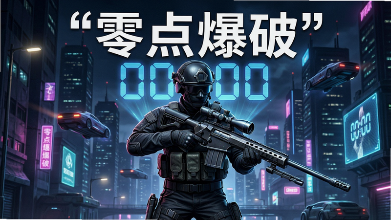 主体为一款名为“零点爆破”的手机游戏宣传海报,布局采用居中对称设计,排版清晰。风格为赛博朋克与写实军事结合,细节丰富,展示一名身穿黑色战术装备的特工手持狙击步枪,背景是霓虹闪烁的未来城市夜景,天空中有全息投影的倒计时数字“00:00”。画质超清,干净,无多余元素,文字加引号“零点爆破”醒目显示在顶部。