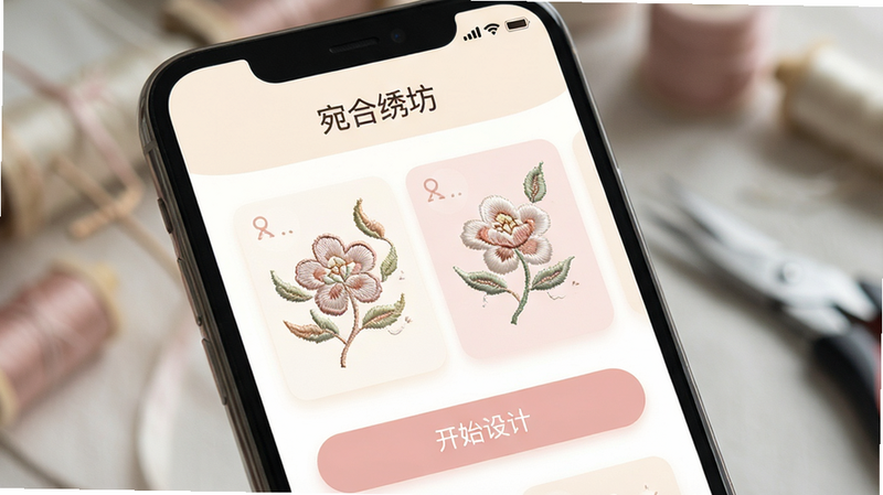 一张展示手机屏幕的高清特写图,屏幕中显示着“宛合绣坊”APP界面,主色调为柔和的米白与淡粉,界面上有精美的刺绣纹样卡片和“开始设计”按钮,背景虚化处理,突出APP的专业感与美学风格,4k分辨率,干净无杂物