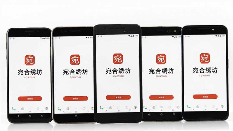 多部不同品牌的安卓手机并排摆放,屏幕均显示“宛合绣坊”APP启动页,象征广泛的兼容性,背景简洁白色,产品展示风格,高清细节