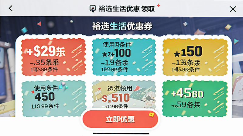 裕选生活优惠券领取界面,显示多张优惠券卡片,包含折扣金额与使用条件,按钮醒目,风格活泼,色彩鲜艳,高清画质,无多余装饰