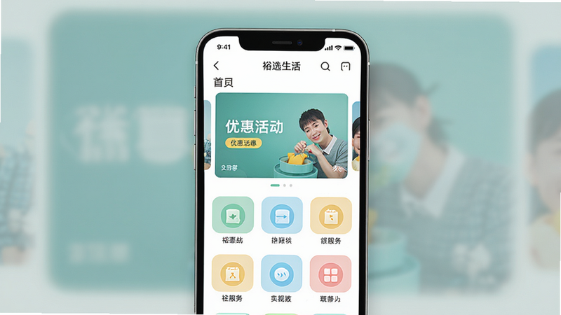 裕选生活APP界面预览图,主体为手机屏幕,显示首页布局,顶部导航栏清晰,中间为轮播图展示优惠活动,下方为网格状服务入口图标,风格简约现代,色彩清新,高清画质,无多余元素