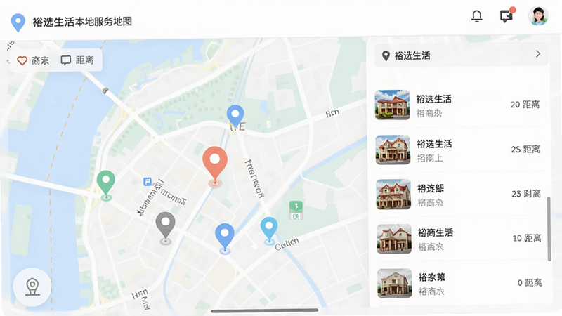 裕选生活本地服务地图界面,展示周边商家分布,地图标记清晰,列表显示商家名称与距离,风格扁平化,色彩柔和,细节丰富,高清画质,干净背景