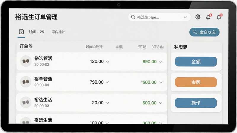 裕选生活订单管理界面,显示订单列表与状态,包含时间、金额与操作按钮,风格简洁,色彩中性,高清画质,布局整齐
