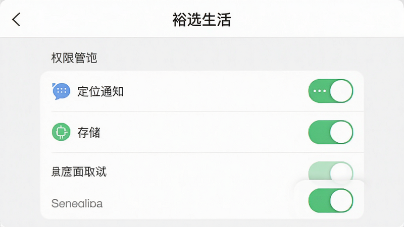 裕选生活设置界面预览,显示权限管理选项,包括定位、通知、存储等开关,风格简洁,色彩清晰,高清画质,无多余元素