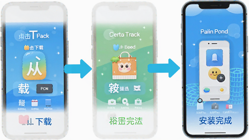 裕选生活下载与安装流程图,展示从点击下载到安装完成的步骤,风格清晰,色彩明亮,高清画质,无多余装饰