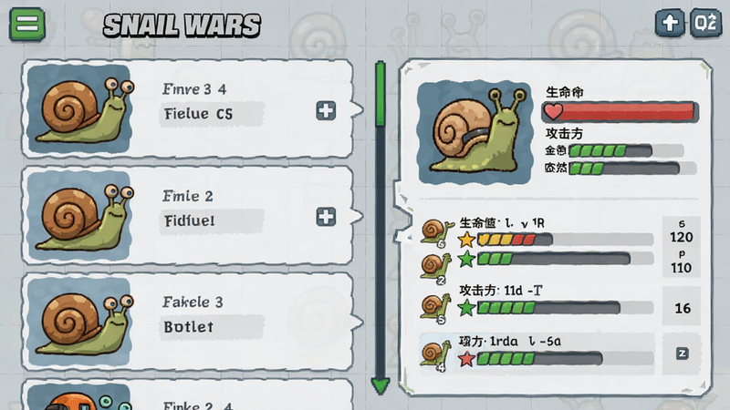 Snail Wars ����չʾ���棬���Ϊ��ţ��ɫ�б����Ҳ���ʾ��ɫ������壬��������ֵ������������ֵ������Ϊǳ��ɫ���񣬷���ƽ����ϸ�ڷḻ�����廭�ʣ���������