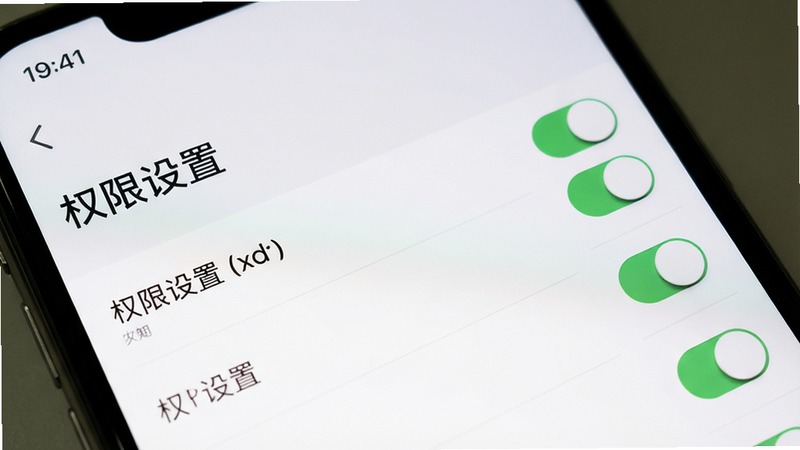主体为手机设置界面,展示权限管理页面,布局列表式,风格系统原生,细节包括开关按钮,画质清晰,干净,无多余元素,文字“权限设置”