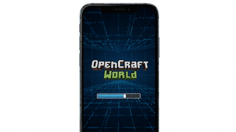 主体为OpenCraft World在Android手机屏幕上的运行效果,布局为垂直展示,手机边框清晰,屏幕内显示游戏加载界面,包含OpenCraft World Logo和进度条,背景为深蓝色科技感网格,风格简洁现代,细节清晰,画质高清,干净无多余元素