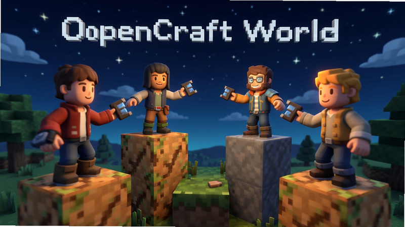 主体为OpenCraft World多人游戏场景,布局为四人视角环绕,角色分别站在不同高度的方块上,背景是夜晚的天空和星辰,风格温馨合作,细节丰富,画质4K,干净无多余元素