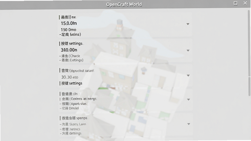 主体为OpenCraft World设置界面,布局为垂直列表,显示画质、音效、按键设置等选项,背景为浅灰色,风格简洁清晰,细节明确,画质高清,干净无多余元素