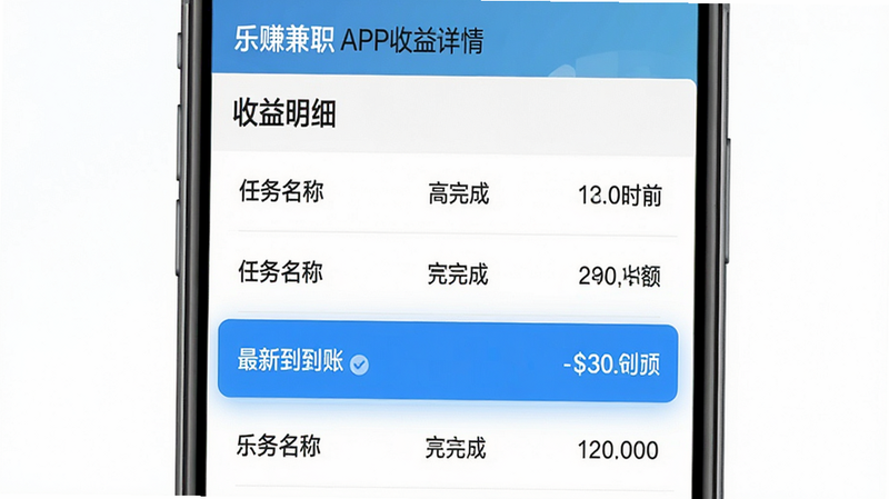 乐赚兼职APP收益详情页面,主体为手机屏幕,布局展示流水账单列表,每行包含任务名称、完成时间和到账金额,排版严谨,风格商务简约,细节高亮显示最新一笔到账记录,画质清晰,干净,无多余元素,文字显示为