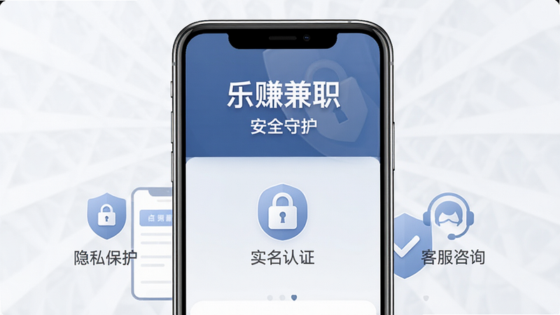 乐赚兼职APP安全中心页面,主体为手机界面,布局展示“隐私保护”、“实名认证”、“客服咨询”入口,排版对称,风格稳重可信,细节展示盾牌图标和锁形图标,画质清晰,干净,无多余元素,文字显示为
