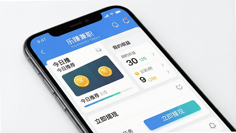 一张展示乐赚兼职APP界面的高清图片,主体为手机屏幕,显示首页任务列表,布局清晰,包含“今日推荐”、“我的收益”等模块,排版整洁有序,风格现代简约,细节处体现金币图标和进度条,画质清晰,干净,无多余元素,文字显示为