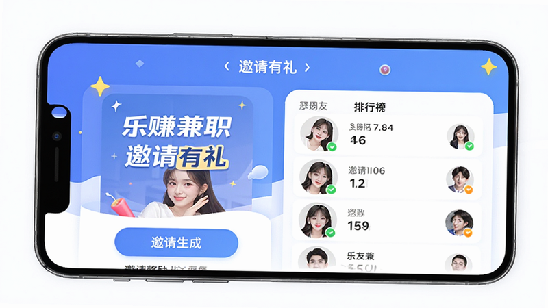乐赚兼职APP邀请好友页面,主体为手机屏幕,布局展示邀请海报生成按钮和好友排行榜,排版活泼,风格社交化,细节显示邀请奖励倍数和好友头像,画质高清,干净,无多余元素,文字显示为