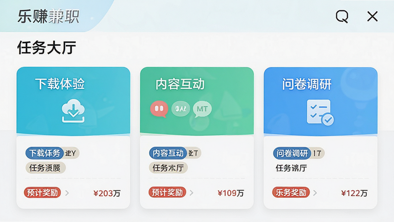 乐赚兼职APP任务分类页面截图,主体为手机界面,布局采用卡片式设计,分为“下载体验”、“内容互动”、“问卷调研”三个主要板块,排版整齐,风格清新,细节展示任务标签和预计奖励金额,画质高清,干净,无多余元素,文字显示为