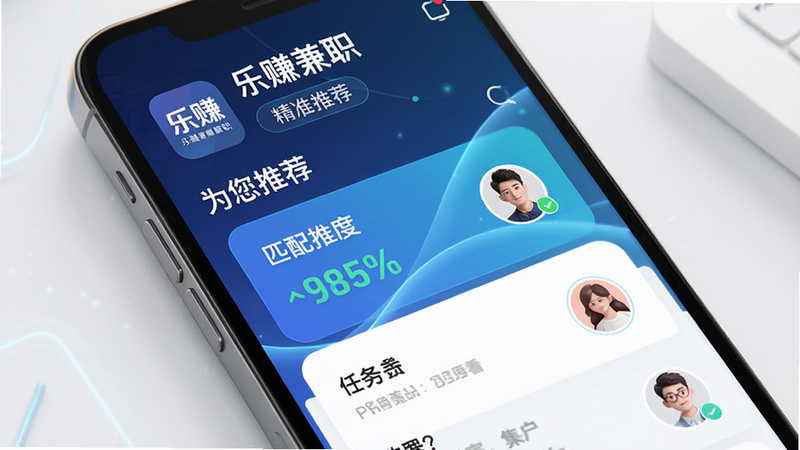 乐赚兼职APP智能推荐界面,主体为手机屏幕,布局突出“为您推荐”板块,卡片式展示个性化任务,排版流畅,风格科技感强,细节显示匹配度百分比和用户头像,画质高清,干净,无多余元素,文字显示为