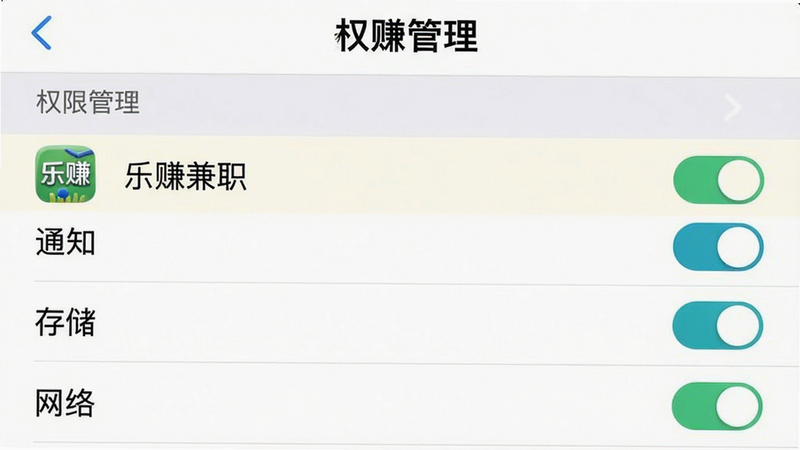 手机设置界面截图,展示“应用权限管理”页面,主体为设置列表,布局清晰,高亮显示“乐赚兼职”应用条目,排版标准系统风格,细节显示“通知”、“存储”、“网络”权限开关状态,画质清晰,干净,无多余元素,文字显示为