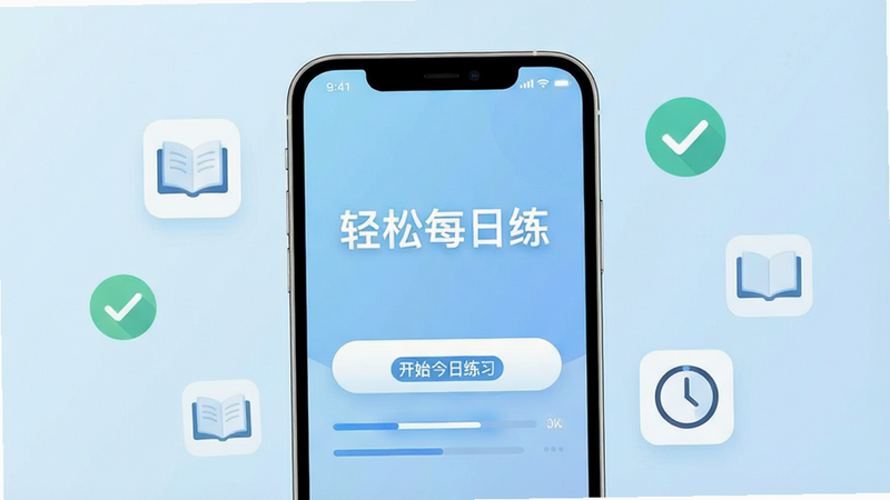 主体:一部现代智能手机屏幕,显示“轻松每日练”App界面,背景为柔和的浅蓝色渐变。布局:居中显示手机,周围漂浮着简单的图标如书本、对勾、时钟,象征学习与时间管理。排版:简洁扁平化设计,文字清晰可读。风格:清新、极简、科技感。细节:屏幕上有“开始今日练习”按钮,下方有进度条。画质:高清、干净、无多余元素